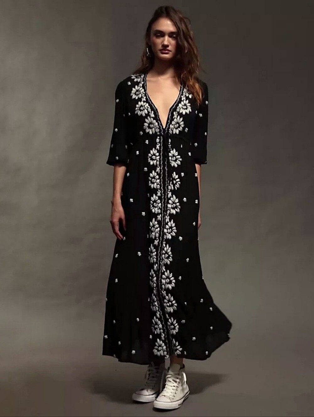 Free People Embroidered Fable Midi Dress black white floral boho women's medium